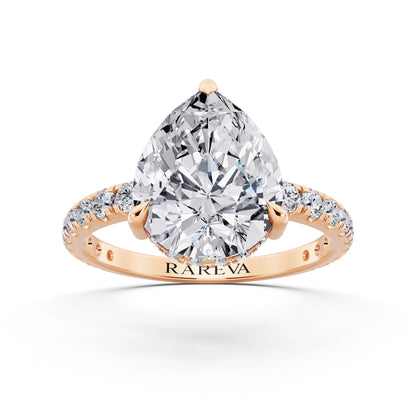 14 KT Rose Gold Pear Cut Diamond Solitaire Ring with Hidden Halo and French Pave Band - front view
