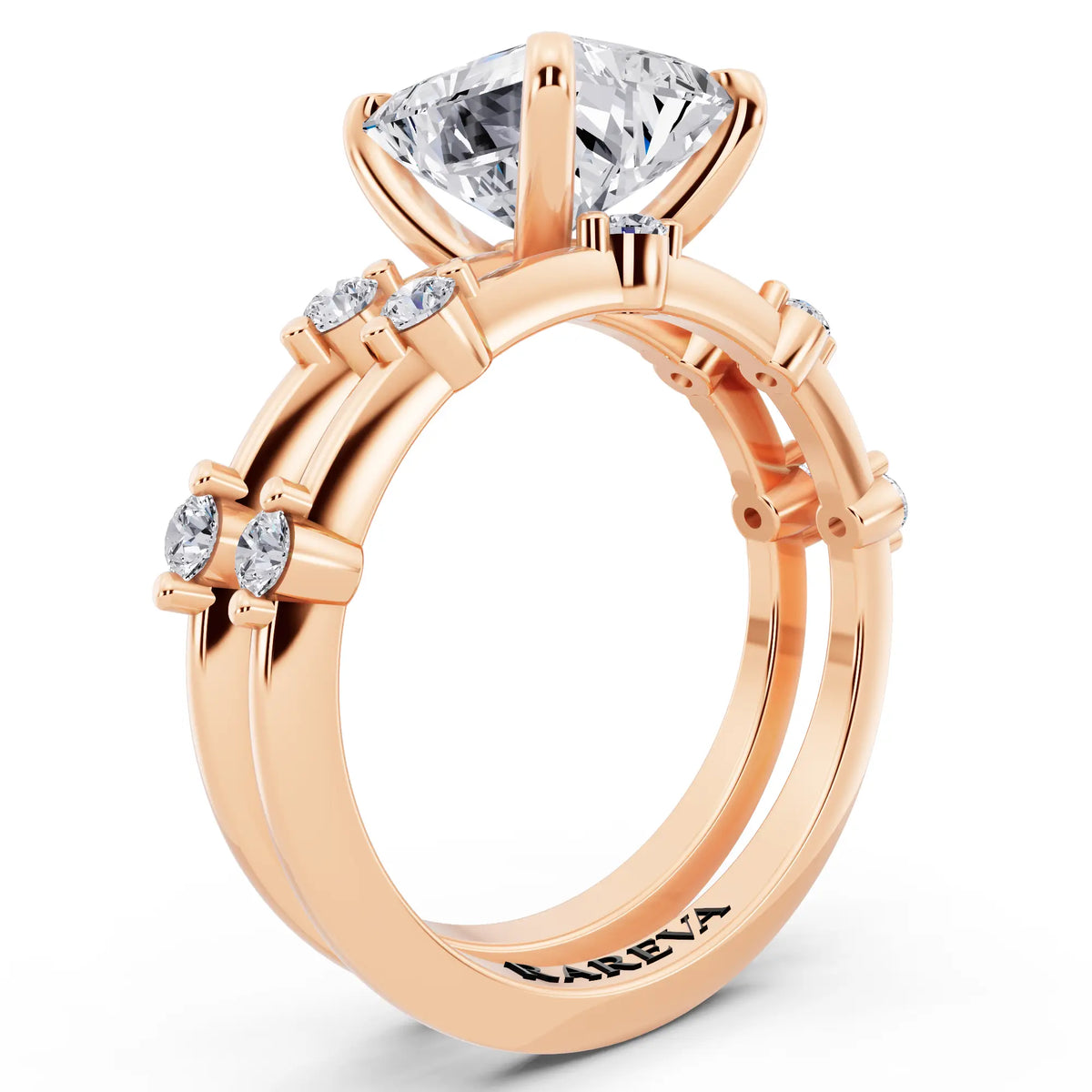 18 KT Rose Gold Radiant Cut Diamond Ring with Floating Accent Band - top view