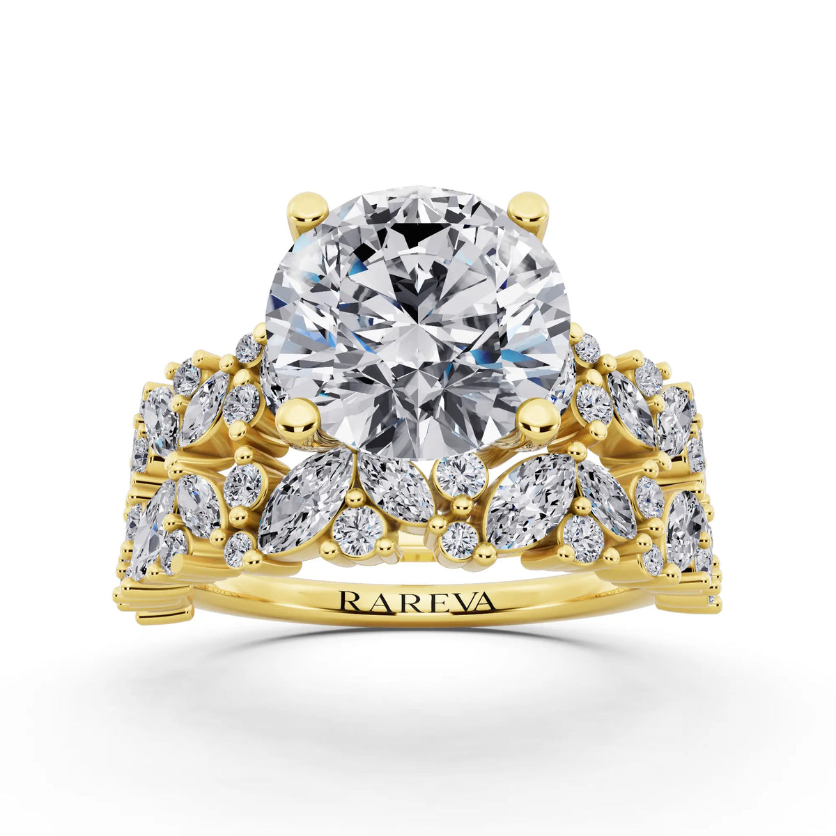 18 KT Yellow Gold Round Cut Diamond Ring with Marquise Cluster Band - front view