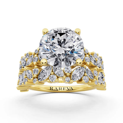 18 KT Yellow Gold Round Cut Diamond Ring with Marquise Cluster Band - front view