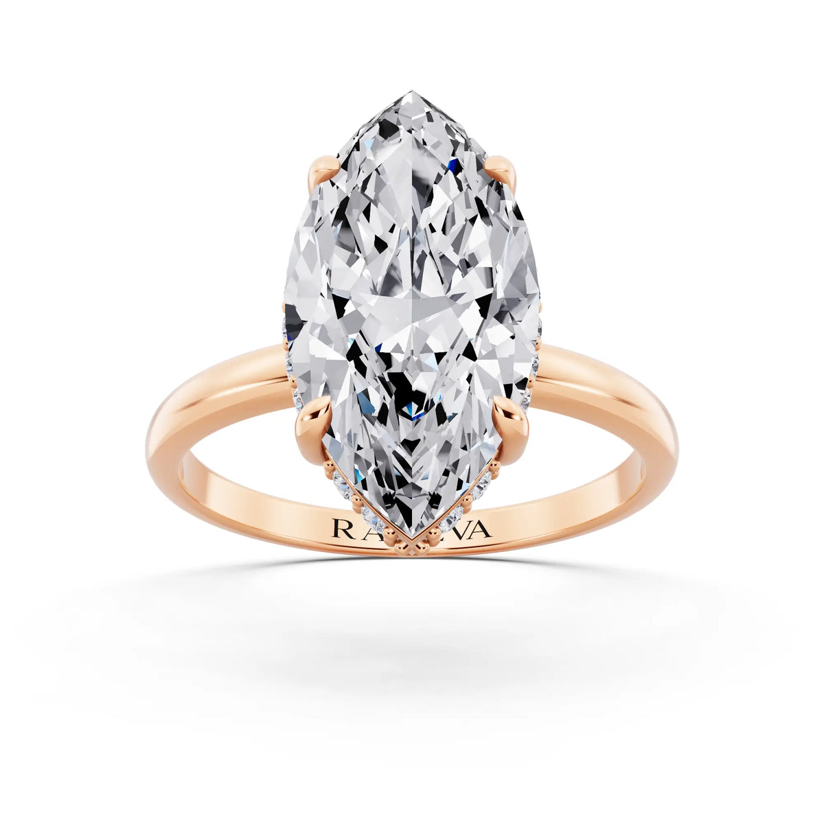 18 KT Rose Gold Marquise Cut Diamond Hidden Halo Solitaire Ring - front view