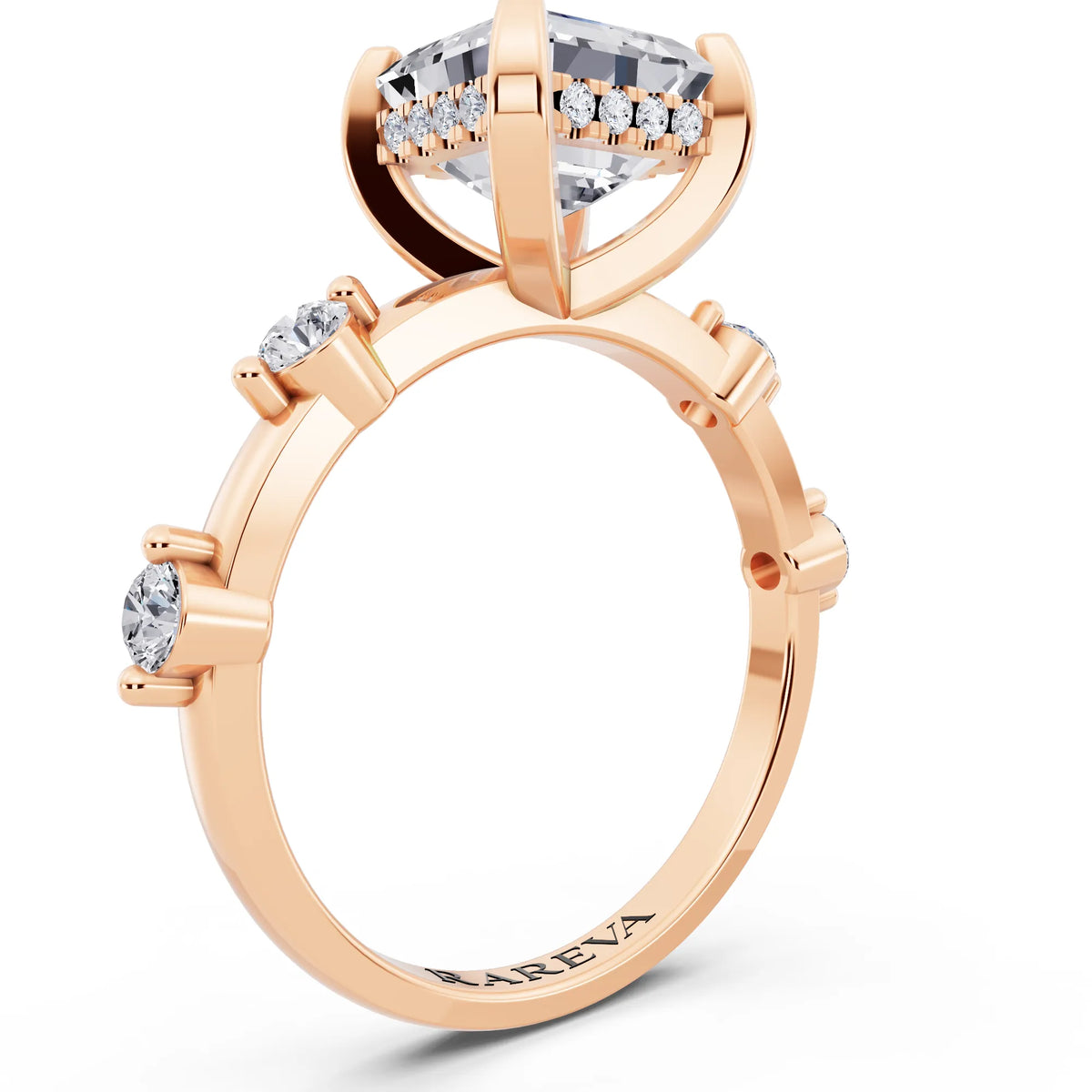 18 KT Rose Gold Asscher Cut Diamond Solitaire Ring with Floating Diamond Accents - top view