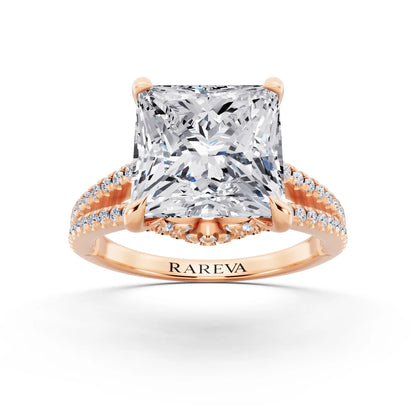 14 KT Rose Gold Princess Cut Diamond Ring with Pavé Split Shank - front view