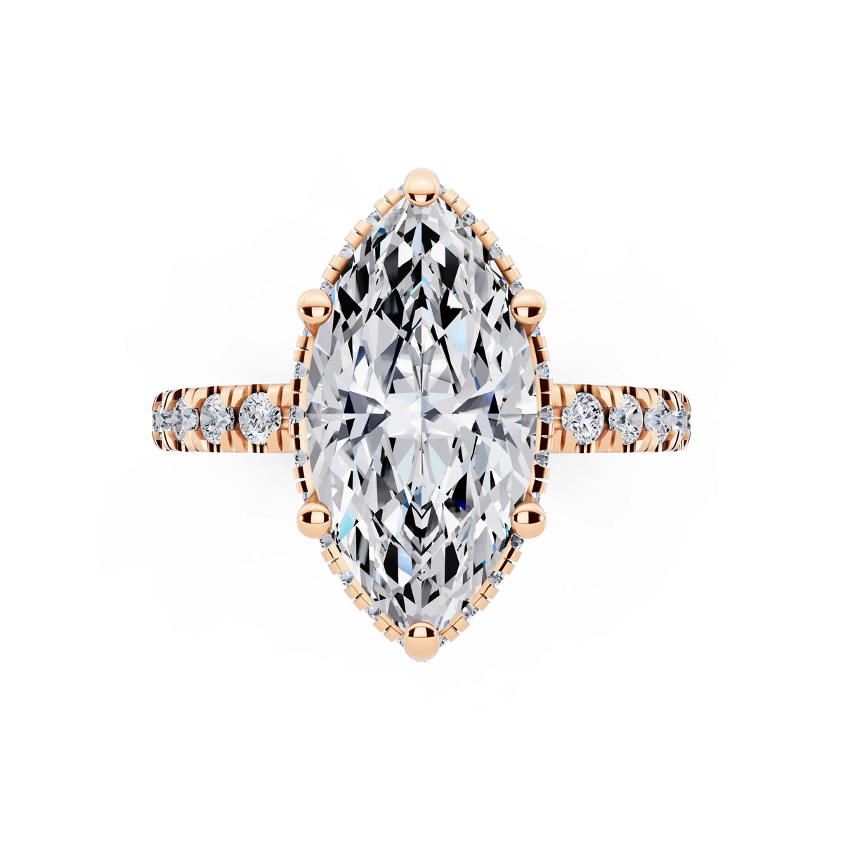 18 KT Rose Gold Marquise Cut Diamond Hidden Halo Ring with Pave Band - top angle