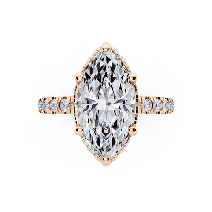 18 KT Rose Gold Marquise Cut Diamond Hidden Halo Ring with Pave Band - top angle