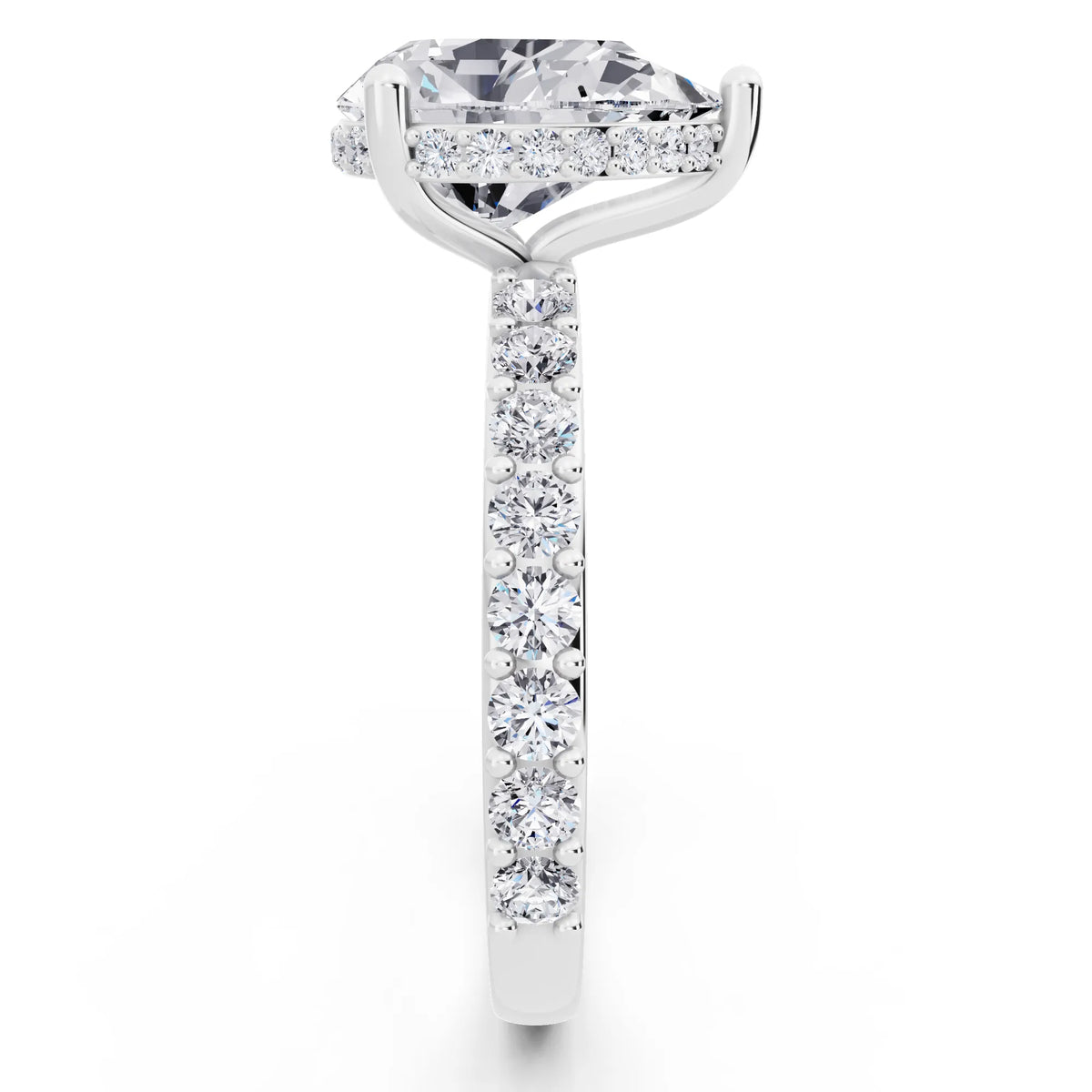 Platinum Pear Cut Diamond Solitaire Ring with Hidden Halo and Pave Band - side view