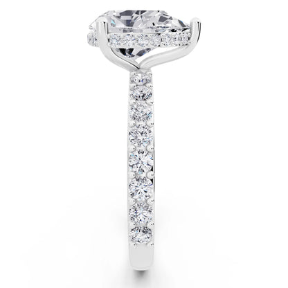 Platinum Pear Cut Diamond Solitaire Ring with Hidden Halo and Pave Band - side view