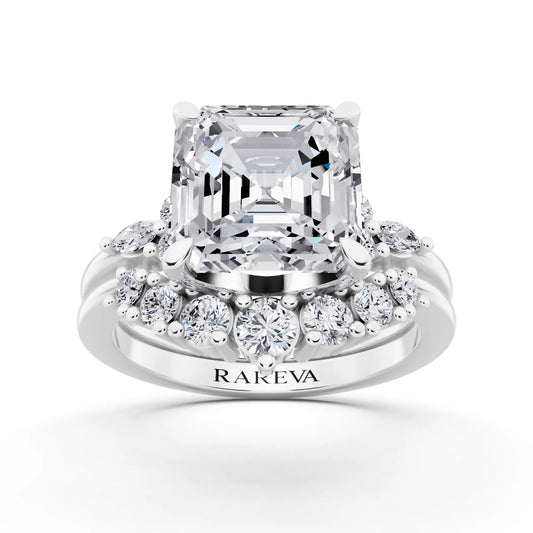 14 KT White Gold Asscher Cut Diamond Ring with Curved Cluster Band - front view