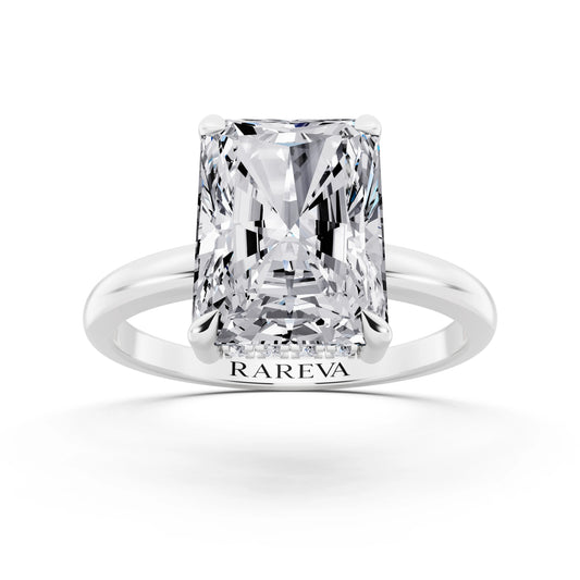 18 KT White Gold Radiant Cut Diamond Solitaire Ring with Hidden Halo - front view