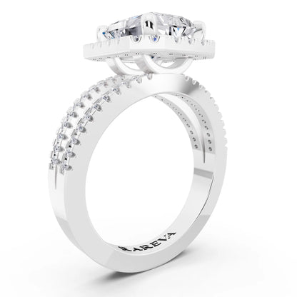 18 KT White Gold Radiant Cut Diamond Halo Ring with Pave Split Shank - top view