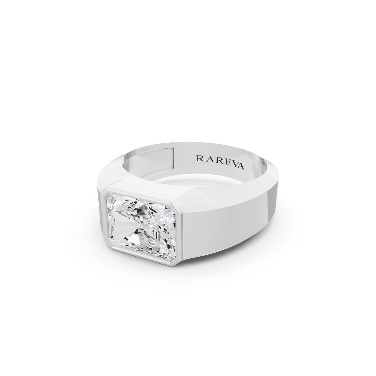 10K White Gold Men's Radiant Cut Diamond Bezel Set Signet Ring - 4.5mm - Close up