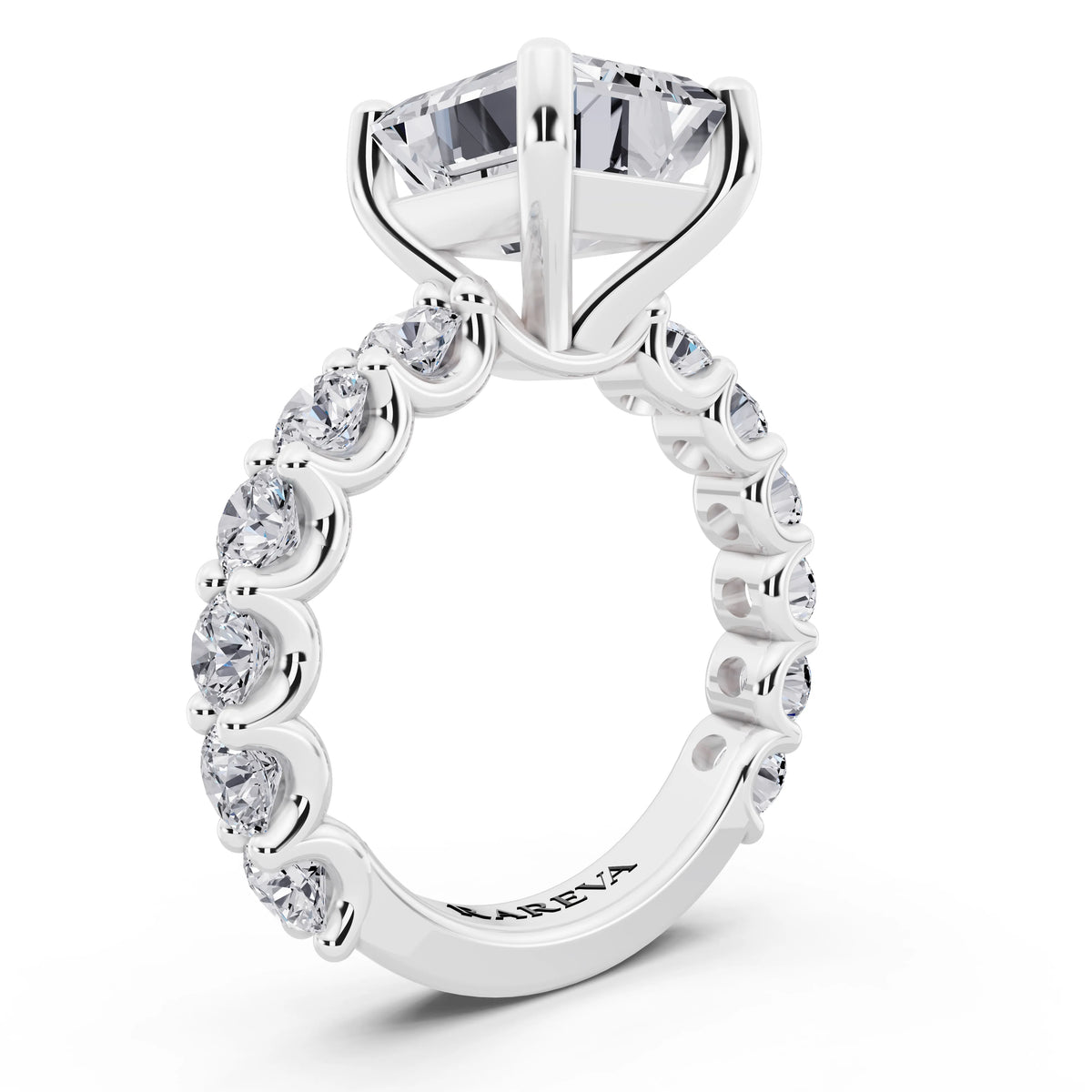 Platinum Emerald Cut Diamond Ring with Shared Prong Eternity Band - top view