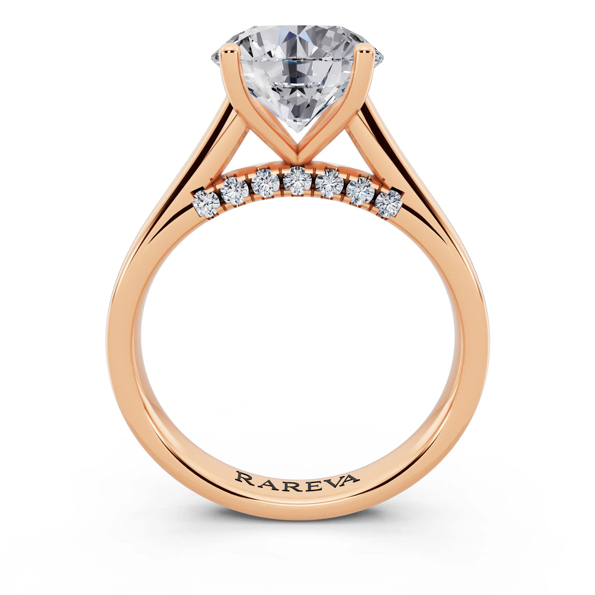 14 KT Rose Gold Round Cut Diamond Solitaire Ring with Hidden Accent - through finger