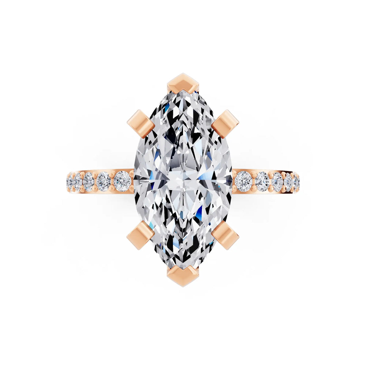 18 KT Rose Gold Marquise Cut Diamond Solitaire Ring with Pave Shank - top angle
