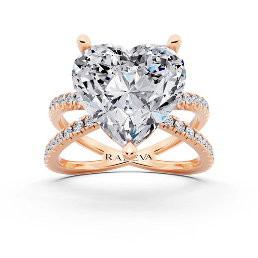 14 KT Rose Gold Heart Cut Diamond Ring with Twisted Split Shank - front view