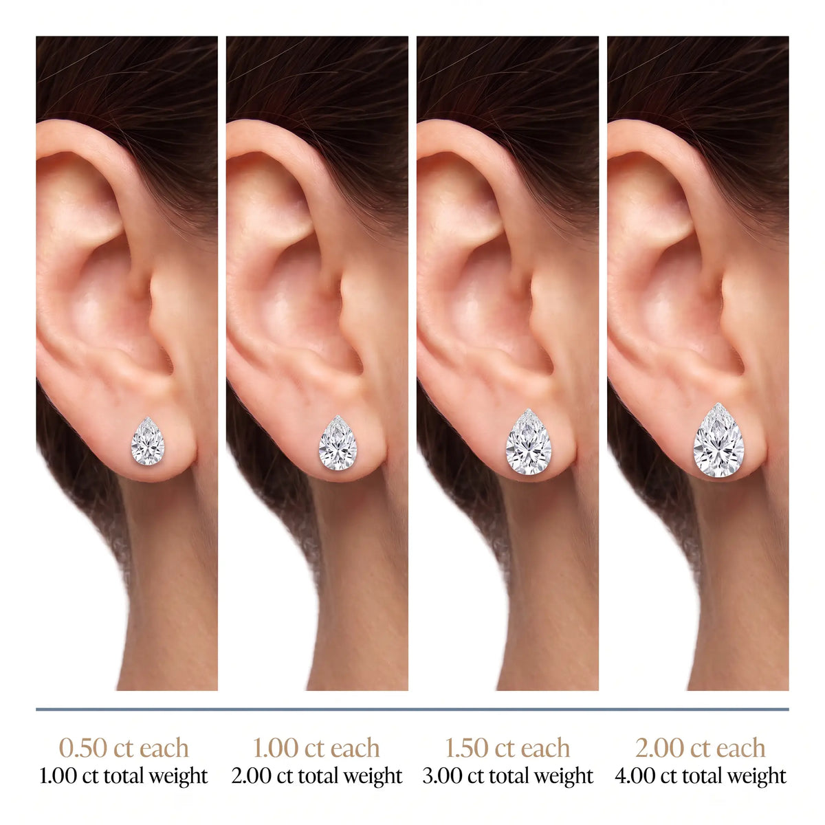 Pear cut diamond stud size chart 0.50 to 2.00 carat each on ear