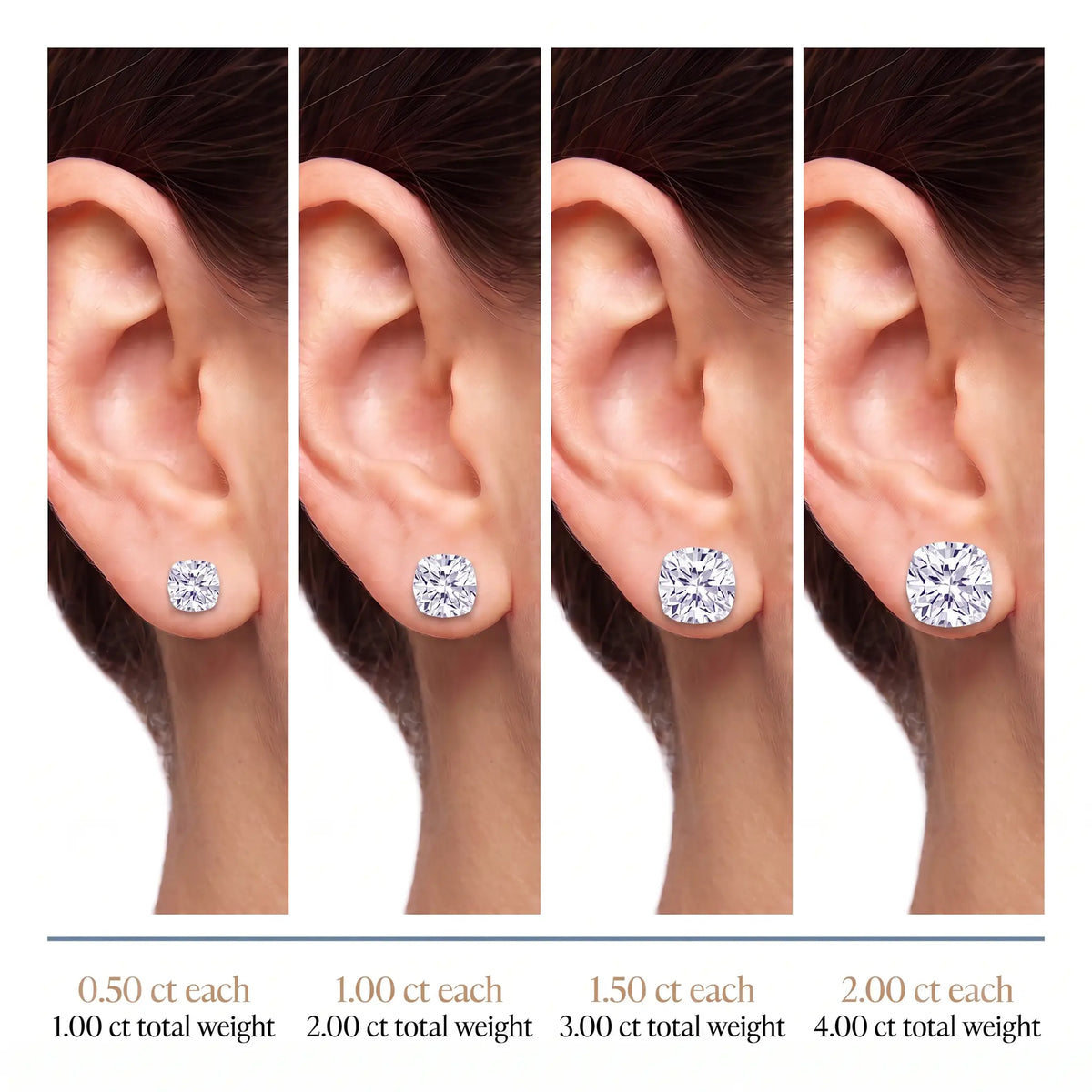 Cushion cut diamond stud size chart 0.50 to 2.00 carat each on ear