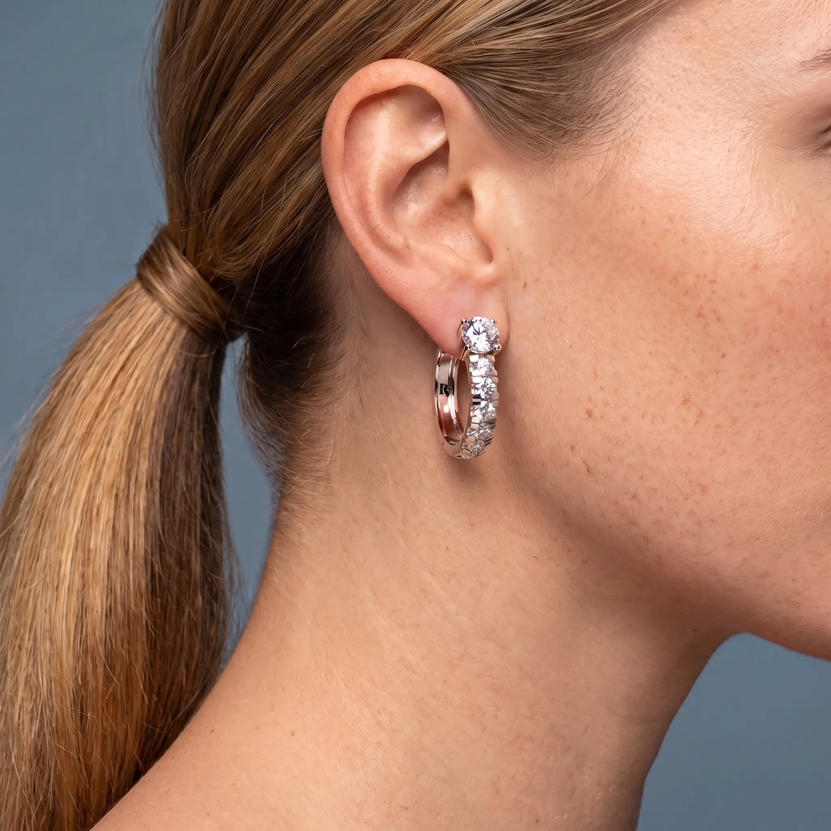 14KT Rose Gold Round Diamond Charm Hoop Earrings - worn close up