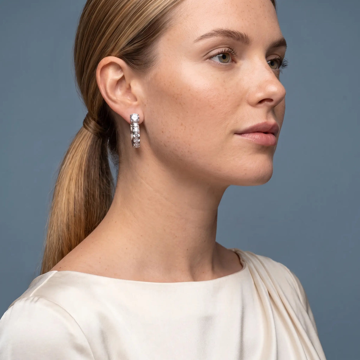 10KT White Gold Round Diamond Charm Hoop Earrings - model beauty shot