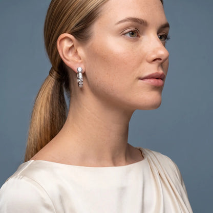 10KT White Gold Round Diamond Charm Hoop Earrings - model beauty shot