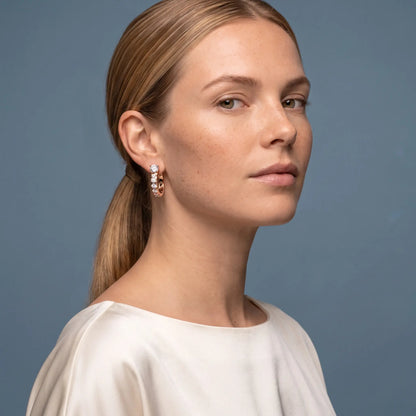 14KT Rose Gold Round Diamond Charm Hoop Earrings - model beauty shot