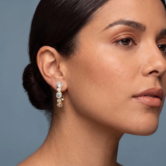 10KT Yellow Gold Diamond Pave Hoop Earrings with Charm Drop 23.5mm - worn close up