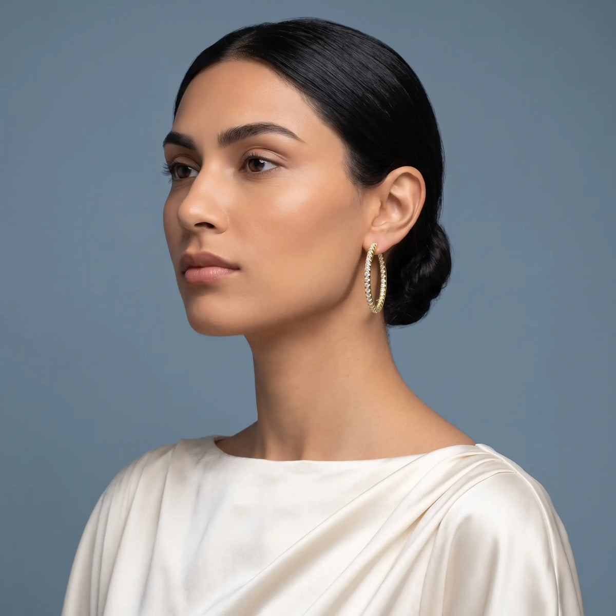 14KT Yellow Gold Pear Diamond Charm Hoop Earrings 19mm - model beauty shot