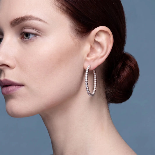 14KT Rose Gold Diamond Cluster Hoop Earrings - worn close up