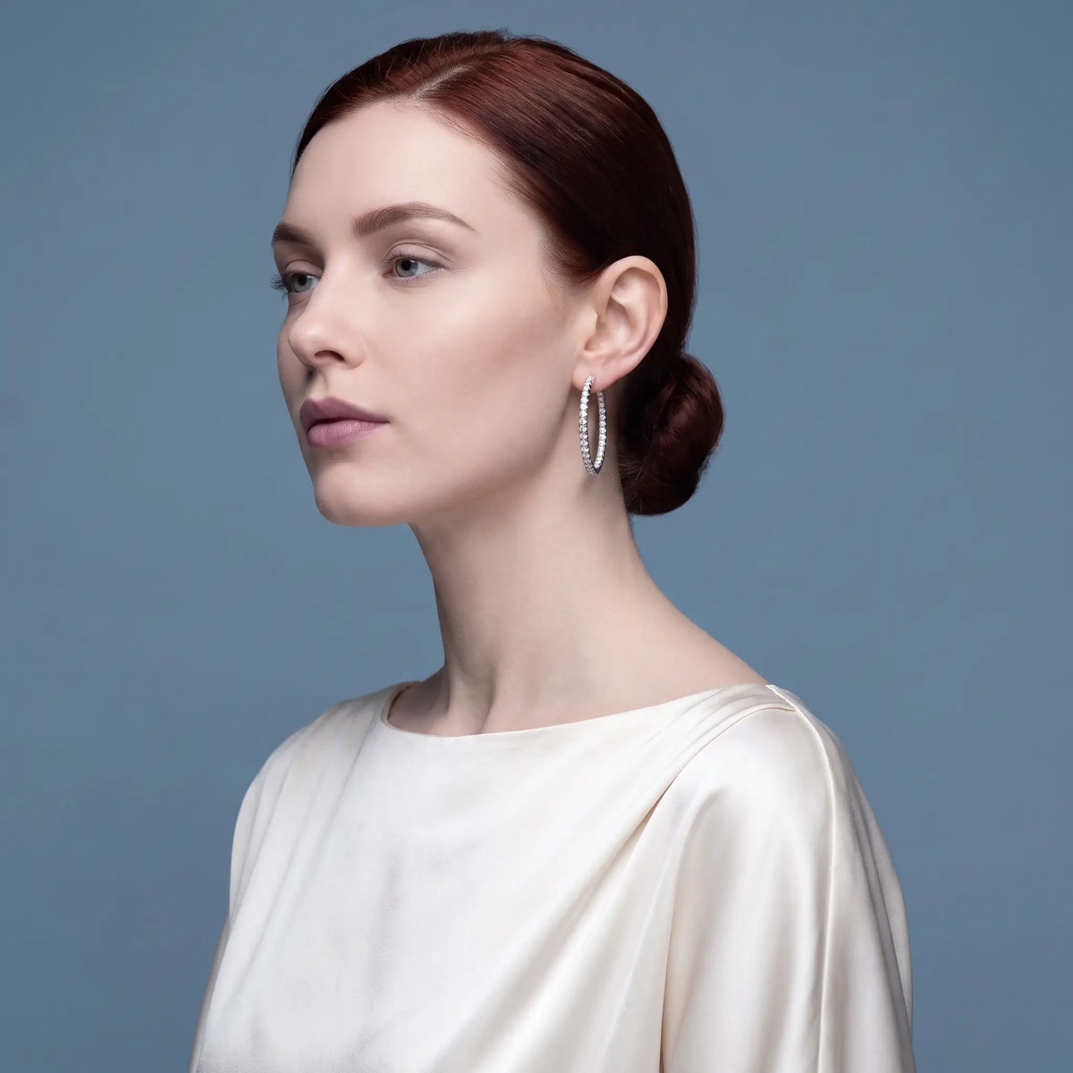 10KT White Gold Diamond Cluster Hoop Earrings - model beauty shot