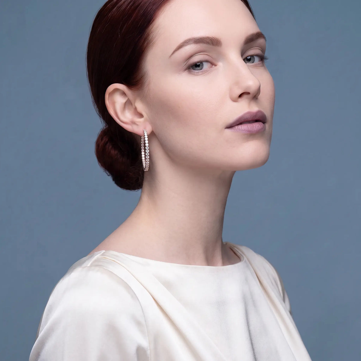 10KT Rose Gold Diamond Cluster Hoop Earrings - model beauty shot