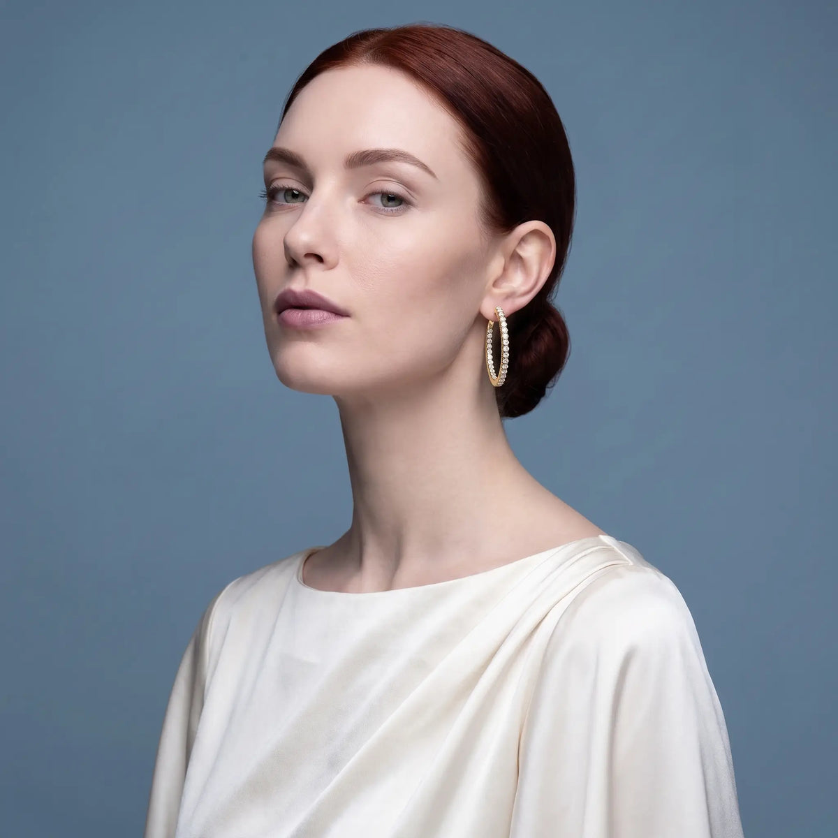 14KT Yellow Gold Diamond Cluster Hoop Earrings - model beauty shot