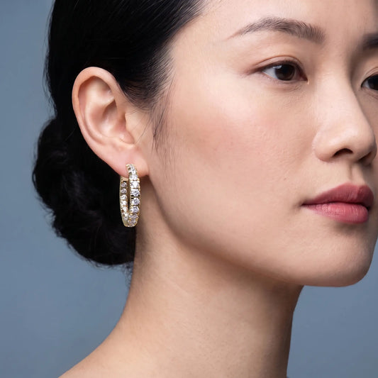 14KT Yellow Gold Pear Round Diamond Three-Stone Hoop Earrings - worn close up