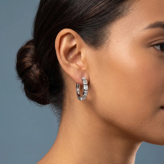 Platinum Round Diamond Pave Hoop Earrings - worn close up