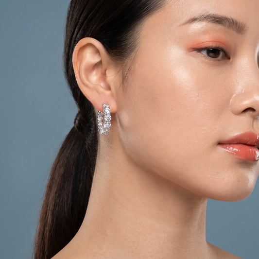 Platinum Round Diamond Cluster Hoop Earrings - worn close up