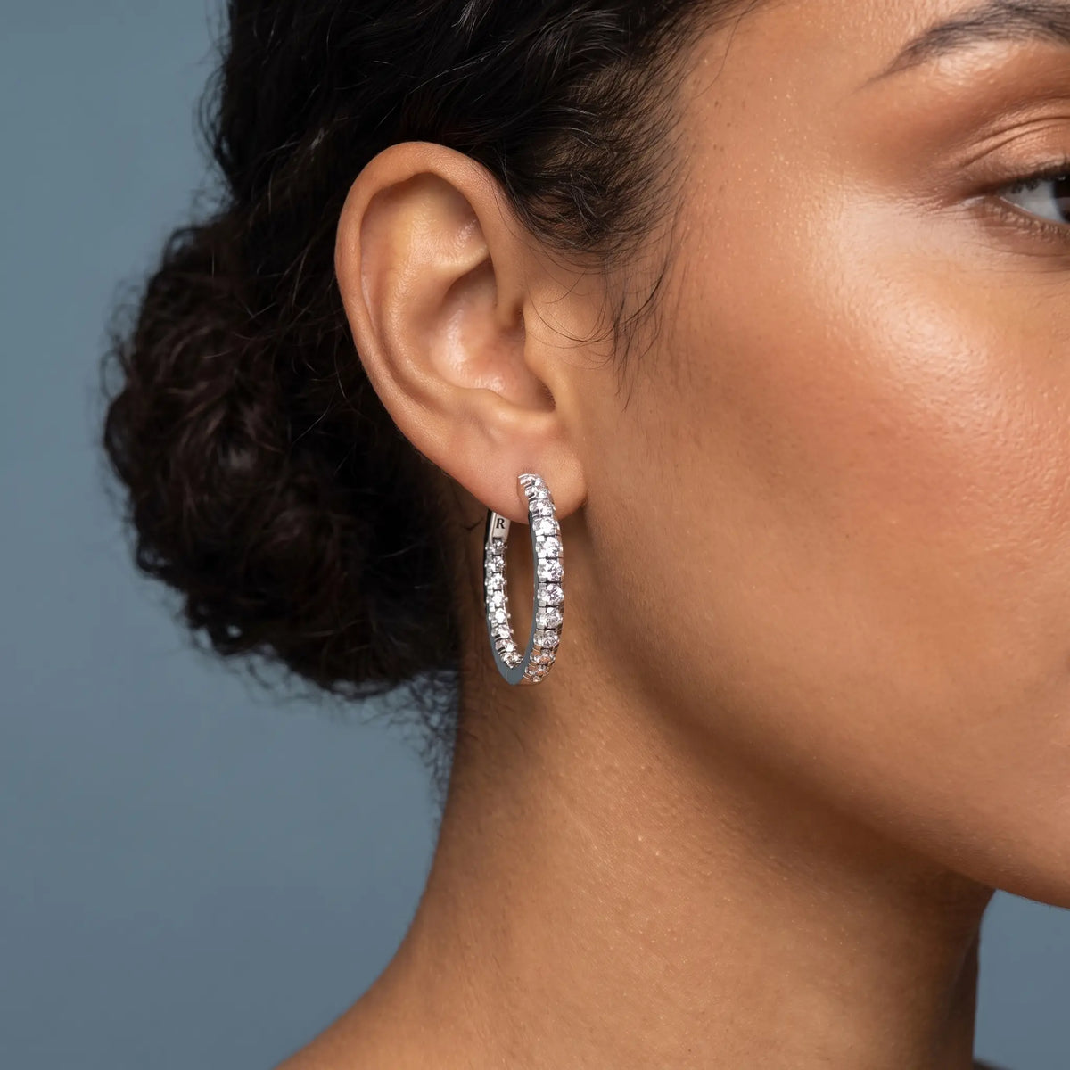 Silver Round Diamond Hoop Earrings - worn close up