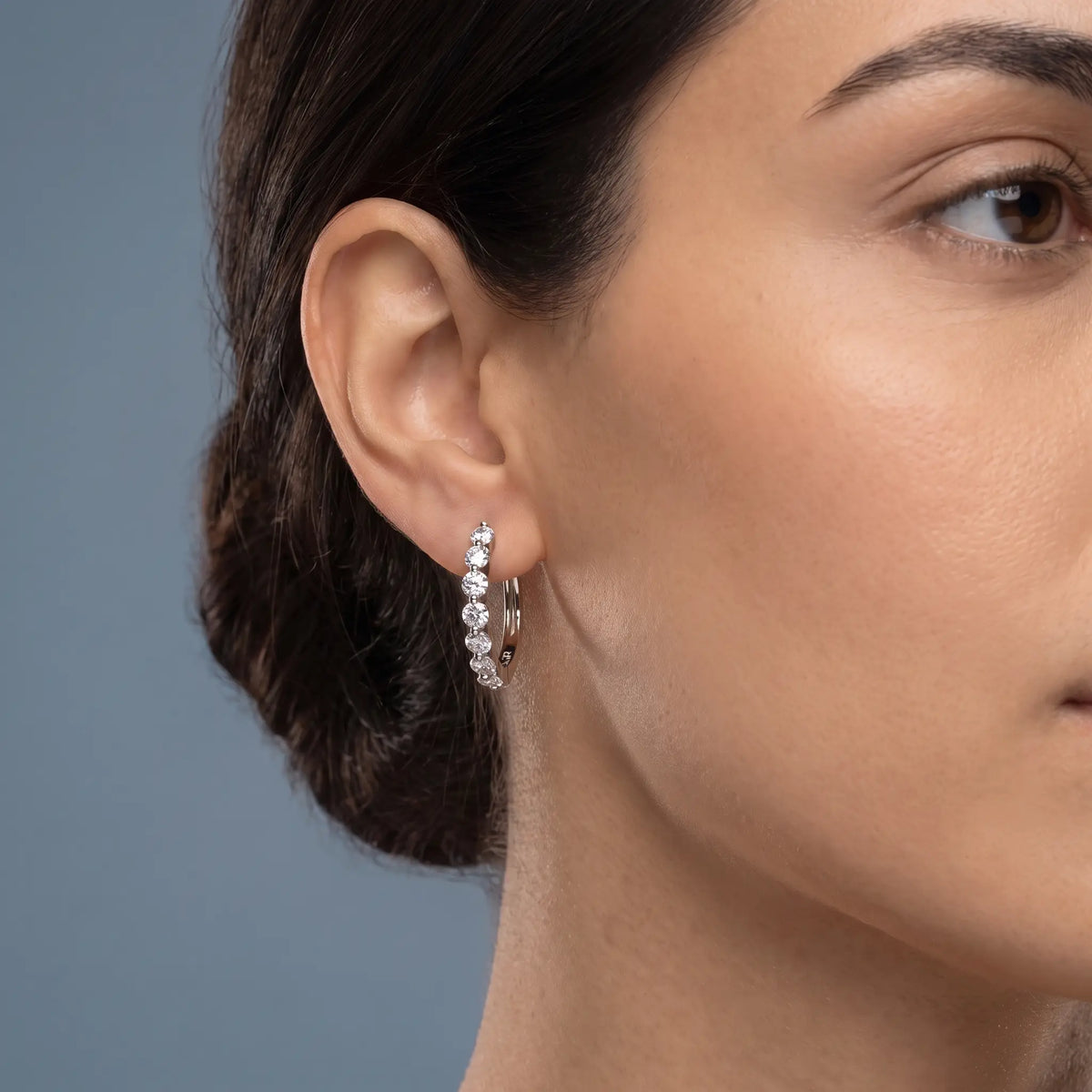 14KT Yellow Gold Diamond Side Pave Hoop Earrings - worn close up