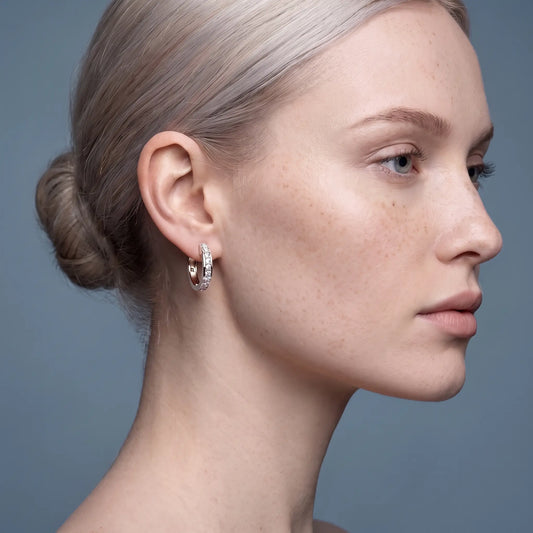14KT Rose Gold Diamond Climber Earrings - worn close up