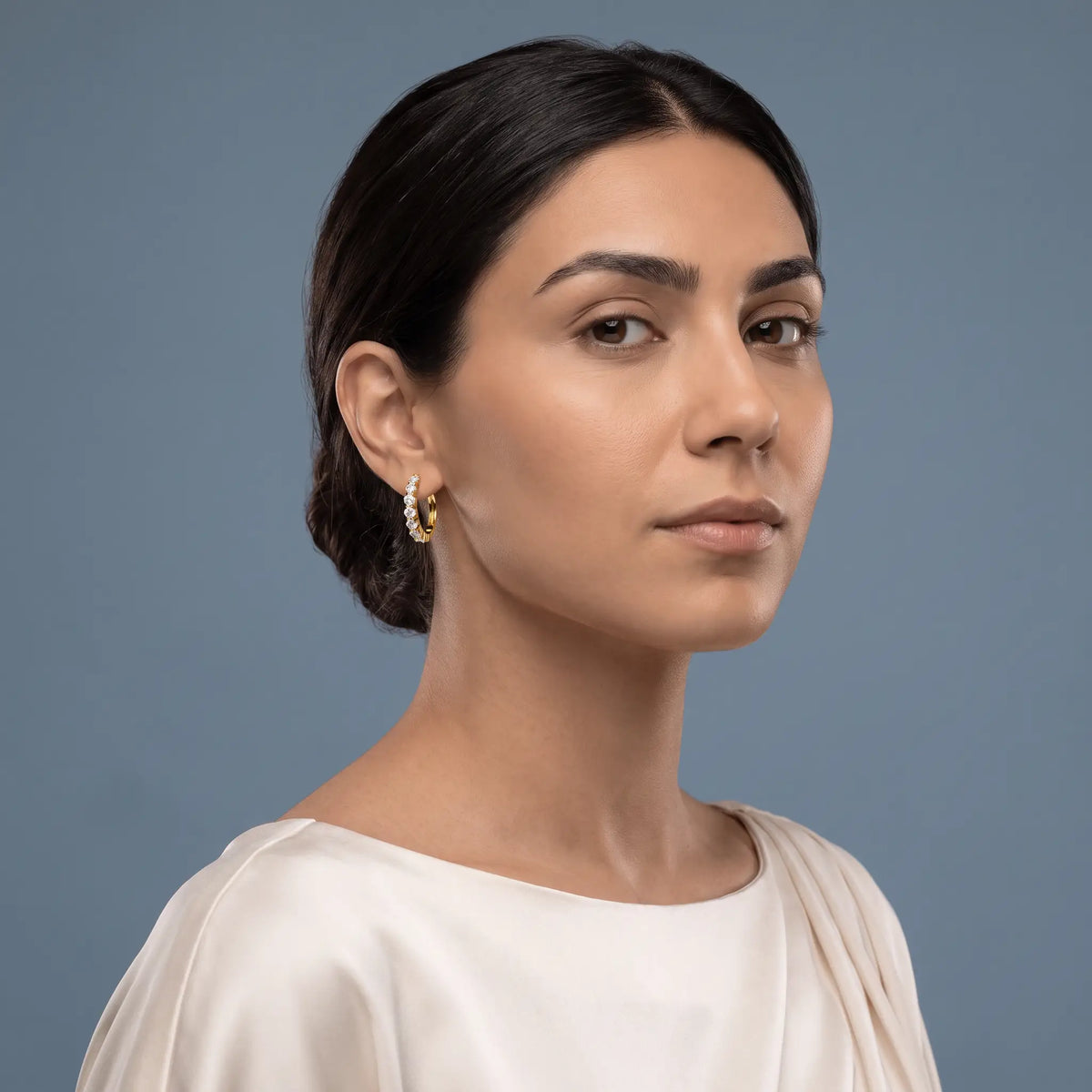 14KT Yellow Gold Diamond Side Pave Hoop Earrings - model beauty shot