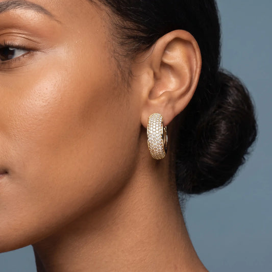 14KT Yellow Gold Diamond Full Pave Chunky Hoop Earrings - worn close up