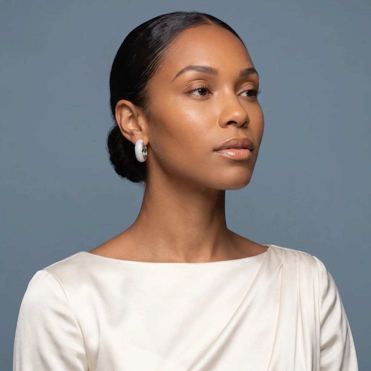 14KT White Gold Diamond Full Pave Chunky Hoop Earrings - model beauty shot