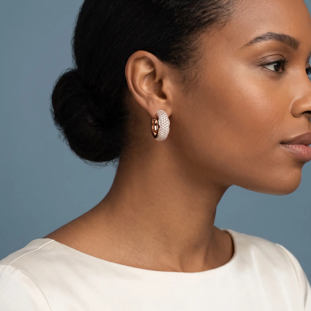 14KT Rose Gold Diamond Full Pave Chunky Hoop Earrings - model beauty shot