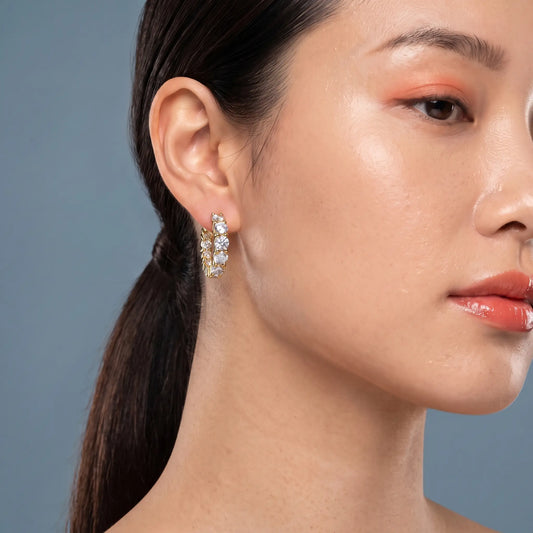 14KT Yellow Gold Round Diamond Cluster Hoop Earrings - worn close up