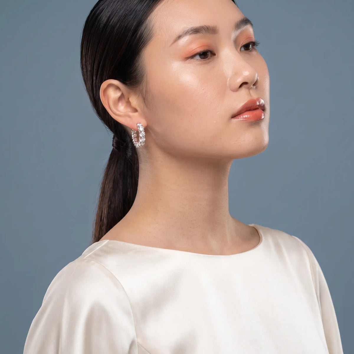 10KT Rose Gold Round Diamond Cluster Hoop Earrings - model beauty shot