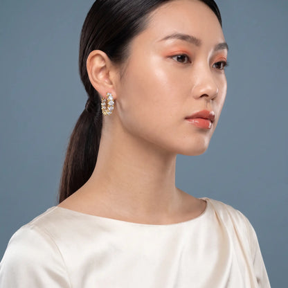 10KT Yellow Gold Round Diamond Cluster Hoop Earrings - model beauty shot