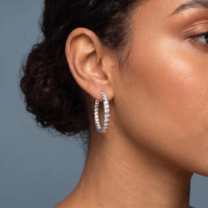 10KT Rose Gold Round Diamond Hoop Earrings - worn close up