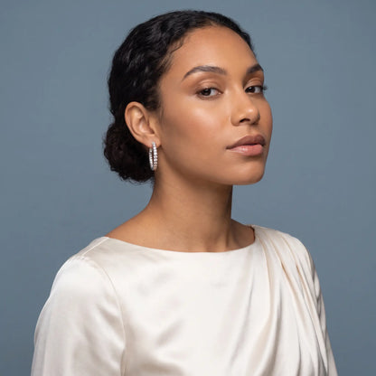 Silver Round Diamond Hoop Earrings - model beauty shot