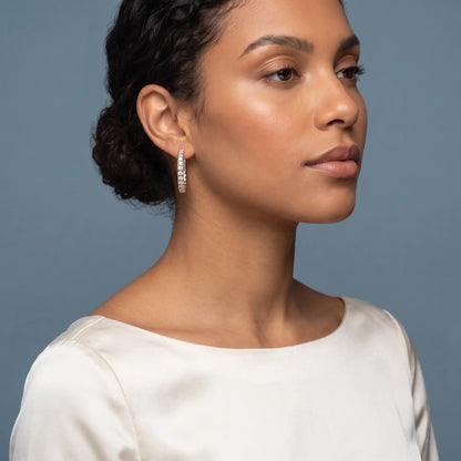 10KT Rose Gold Round Diamond Hoop Earrings - model beauty shot