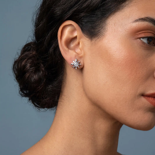 10KT White Gold Round Diamond Cluster Earrings - worn close up