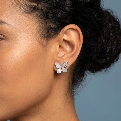 Silver Diamond Butterfly Cluster Earrings - worn close up
