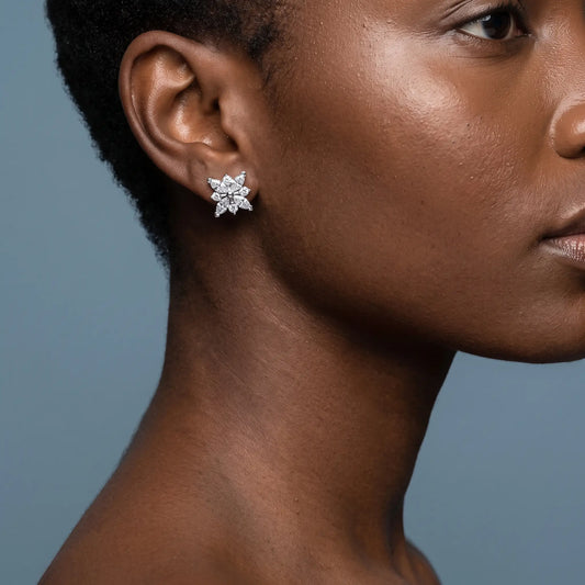 Silver Diamond Cluster Earrings - worn close up